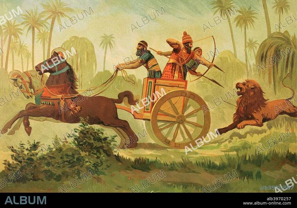 Historia antigua. Civilización Asiria. El monarca asirio Asurbanipal (668 a. C-627 a. C) participando desde su carro en la caza de leones. Cromolitografía. La Civilización, Tomo I, 1881. Biblioteca Histórico Militar de Barcelona, Cataluña, España.