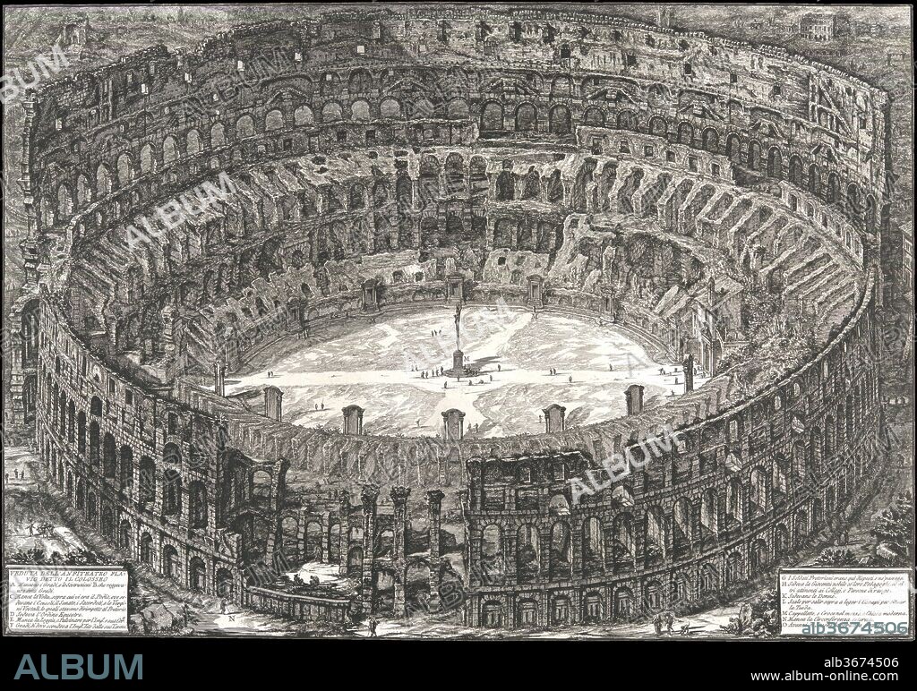Veduta dell'Anfiteatro Flavio detto il Colosseo, from: 'Vedute di Roma' (Views of Rome). Artist: Giovanni Battista Piranesi (Italian, Mogliano Veneto 1720-1778 Rome). Dimensions: sheet: 30 x 40 in. (76.2 x 101.6 cm). Series/Portfolio: Vedute di Roma (Views of Rome). Date: 1776.
Piranesi's thorough familiarity with the Colosseum--he had already produced three views of this most famous of Roman ruins--and his skill at perspective rendering allowed him to produce this magnificent view of the ancient amphitheater seen as if from the air. By allowing the monument to fill the entire sheet of paper and by placing tiny figures in the center of the image, Piranesi effectively conveys the vastness of the ruin, while the bird's-eye view reveals the plan and exposes the structure. Piranesi's labels are indicative of his antiquarian research; they inform us of the location in which each rank of Roman society would have been seated, from the emperor and his court to the noble youth with their teachers. The overall darkness of the image, while characteristic of Piranesi's late Vedute, gives the impression that the Colosseum is lit by the moon--we know that Piranesi studied ruins under such conditions. Only the center of the theater is illuminated, where tiny figures gather around the monumental cross. This crucifix, together with the stations of the cross that surround the arena, were added by Pope Benedict XIV in 1743 to sanctify the space in which it was believed that many early Christians had been martyred.