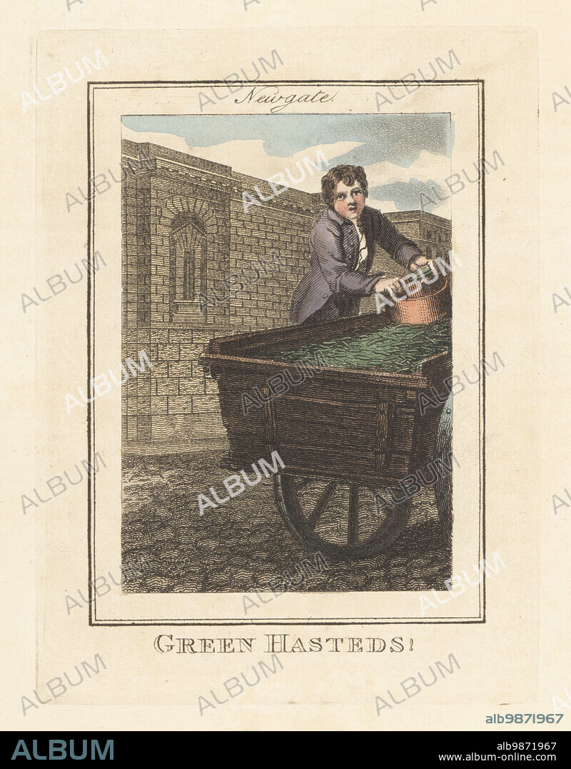 Greenpea seller in front of Newgate Prison, London, 1805. Vegetable seller with barrow of Green Hastens peas. In front of the window to the Keeper's house, Newgate Prison, Ludgate Hill. Handcoloured copperplate engraving by Edward Edwards after an illustration by William Marshall Craig from Description of the Plates Representing the Itinerant Traders of London, Richard Phillips, No. 71 St Pauls Churchyard, London, 1805.
