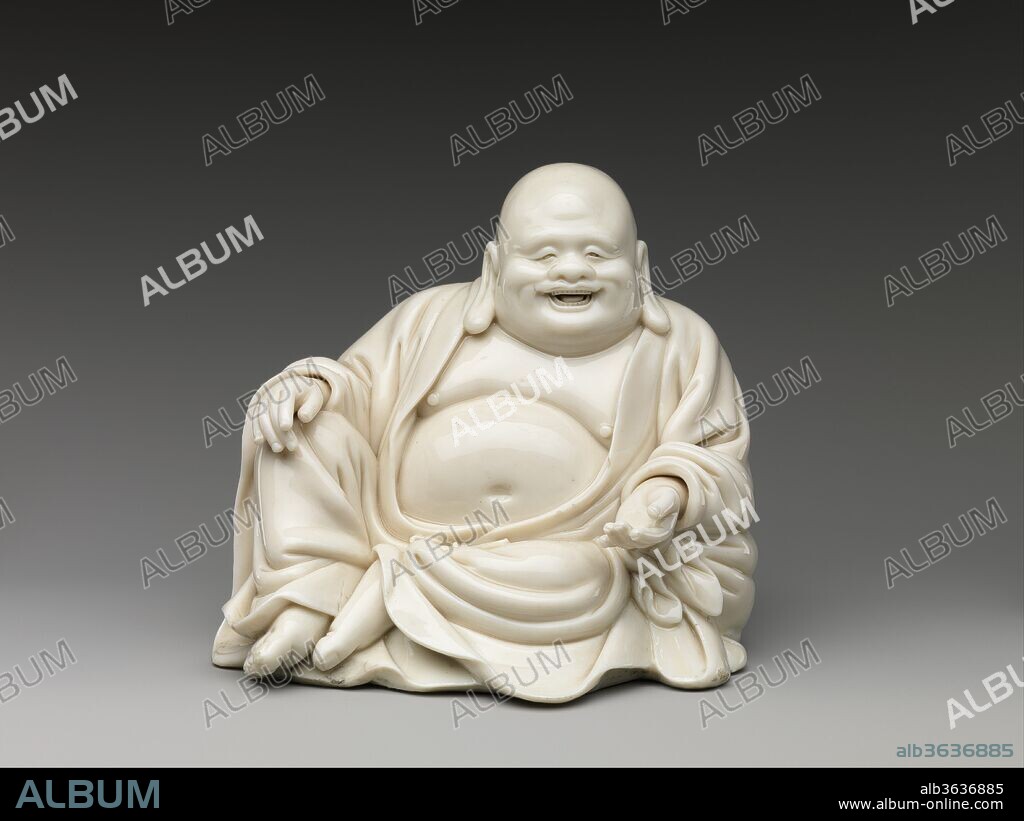 Buddhist Monk Budai. Culture: China. Dimensions: H. 6 3/4 in. (17.1 cm); W. 7 1/4 in. (18.4 cm); D. 5 1/2 in. (14 cm). Date: 17th century.
The kilns near Dehua, in Fujian Province, opened in the late thirteenth century and flourished from the sixteenth to the eighteenth century. Characterized by thick, lustrous glazes, Dehua ware is often known in Western writings as blanc de chine, or "China white." Budai, who lived in the eighth or ninth century, was noted for his round stomach and his affinity for children.