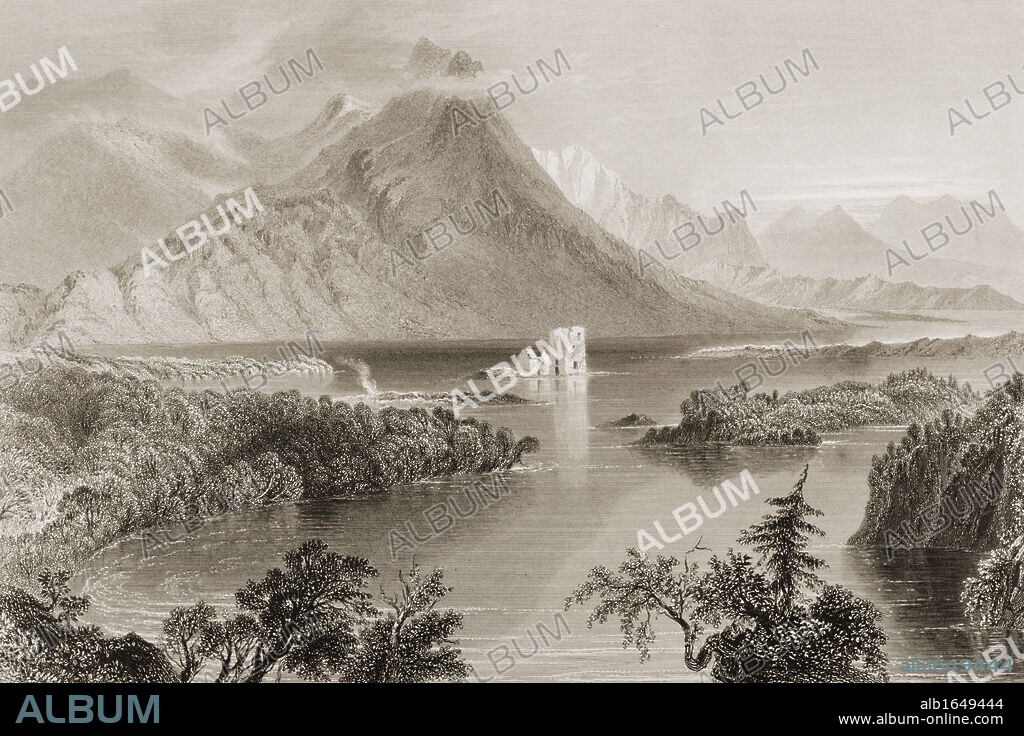 Ballynahinch, Lake Connemara,County Galway, Ireland. Drawn by W.H.Bartlett, engraved by R. Wallis. From 'The Scenery and Antiquities of Ireland' by N.P.Willis and J.Stirling Coyne.Illustrated from drawings by W.H.Bartlett. Published London c.1841.