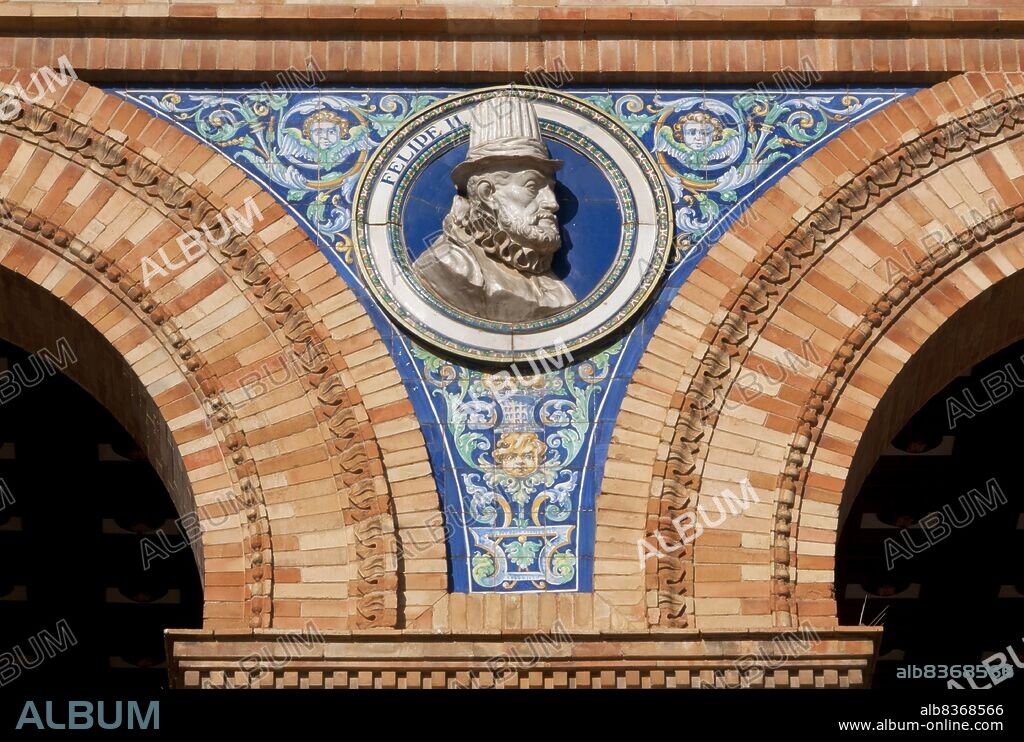 Philip II (Spanish: Felipe II; 21 May 1527 13 September 1598) was King of Spain (155698), King of Portugal (158198, as Philip I, Filipe I), King of Naples and Sicily (both from 1554), and <i>jure uxoris</i> King of England and Ireland (during his marriage to Queen Mary I from 155458).<br/><br/>. Philip was the son of Holy Roman Emperor and King of Spain Charles V and Isabella of Portugal, his empire included territories on every continent then known to Europeans, including his namesake the Philippines. During his reign, Spain reached the height of its influence and power. This is sometimes called the Spanish Golden Age.<br/><br/>. The Plaza de España is a plaza in the Parque de María Luisa (Maria Luisa Park), in Seville, Spain, built in 1928 for the Ibero-American Exposition of 1929. It is a landmark example of the Regionalism Architecture, mixing elements of the Renaissance Revival and Moorish Revival (Neo-Mudéjar) styles of Spanish architecture.