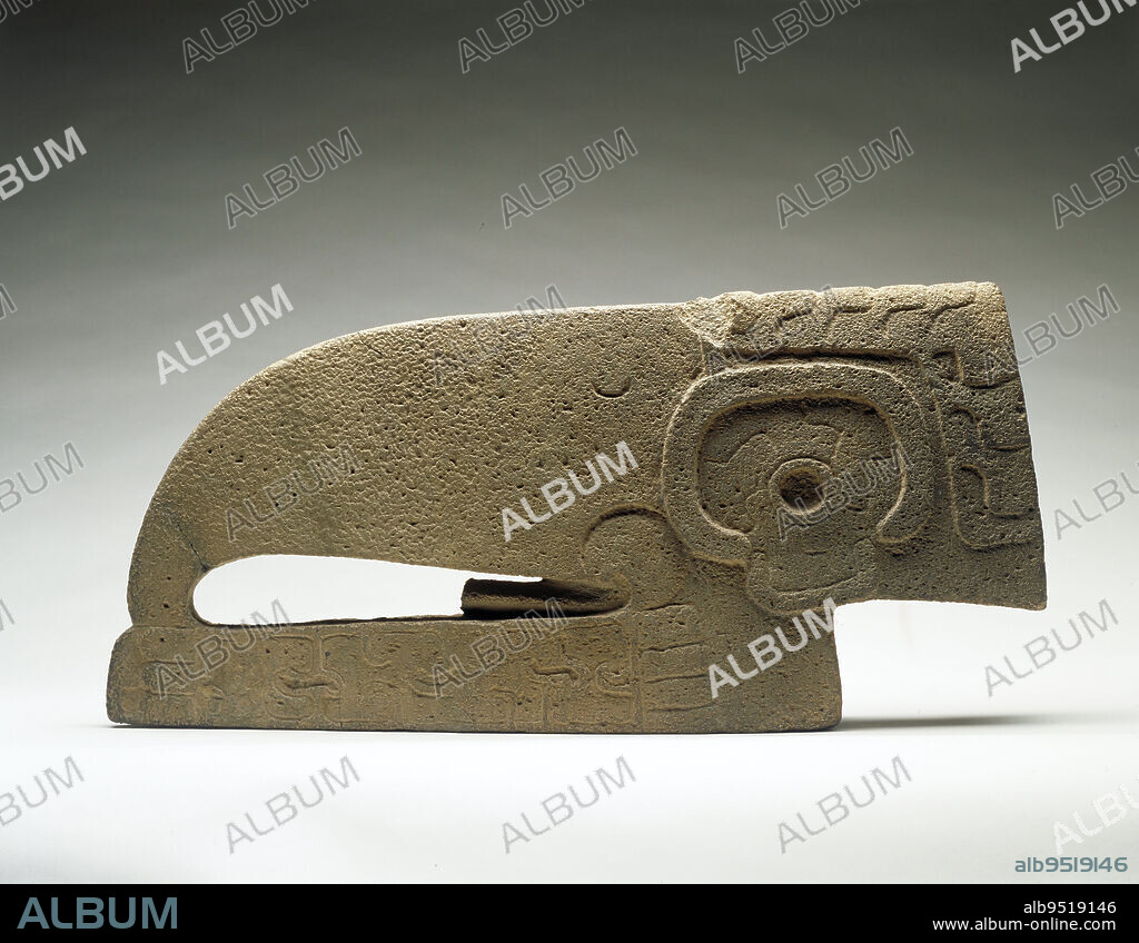 Hacha, c. 600-900 CE, 10 x 21 x 2 1/2 in. (25.4 x 53.34 x 6.35 cm) (depth varied), Stone, 7th-10th century, Players of Mesoamerican ballgames wore u-shaped yokes around their hips made of cotton, wood, or leather to deflect the rubber ball in this no-hands team sport. Yokes made of carved stone were worn in opening and closing ceremonies for the game. Hachas were ornaments that attached to players' yokes during these ceremonies. The notch at the bottom of the hacha allowed it to sit atop the yoke encircling the player's hips. The ring around the eye of this bird hacha identifies it as a parrot or macaw, a possible reference to the supreme ball players known as the Hero Twins. They are the main characters of the Popol Vuh, the Maya creation story. The Popol Vuh is an important source of information on many ballgame-related objects throughout Mesoamerica.
