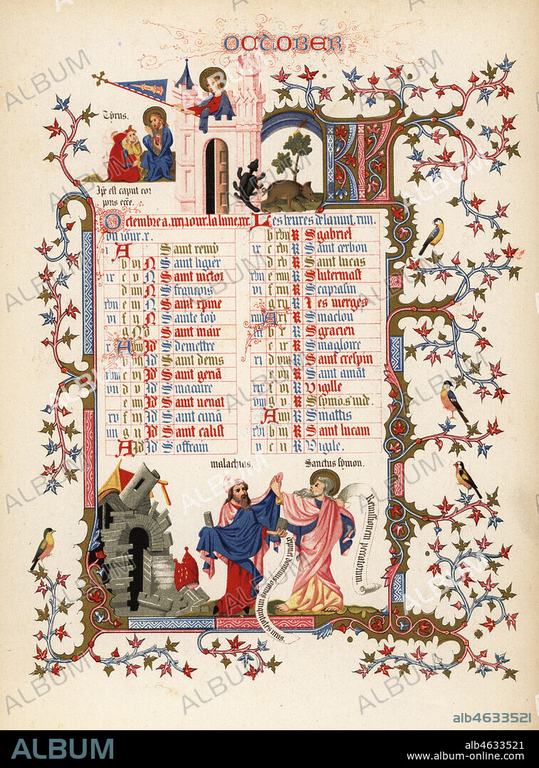 Calendar for October with figures of Malachi and St. Simon, quote from Tyrus, disciples, boar, birds, foliage and castles. From an illuminated Book of Hours of the Duke the Anjou., 1380. Chromolithograph in colors and gilt from Henry Noel Humphreys The Illuminated Calendar and Home Diary for 1846, Longmon, London, 1846.