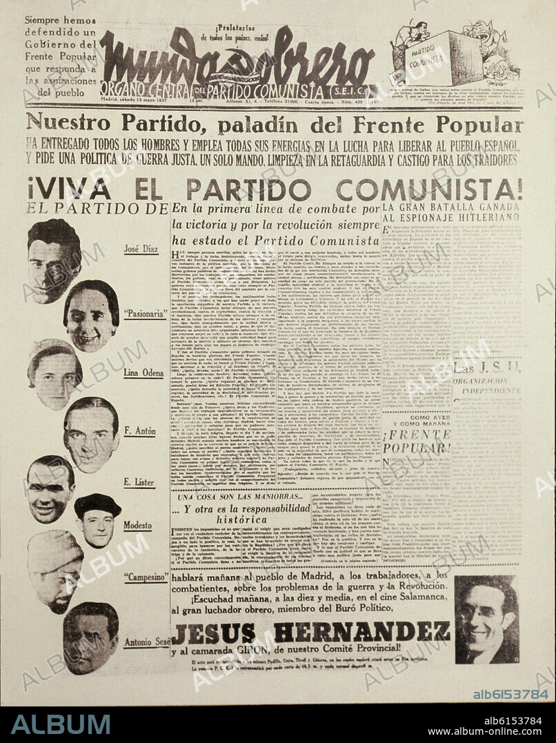 PERIODICO MUNDO OBRERO-15/5/1937 ¡VIVA EL PARTIDO COMUNISTA! LA PASIONARIA Y OTROS DIRIGENTES.