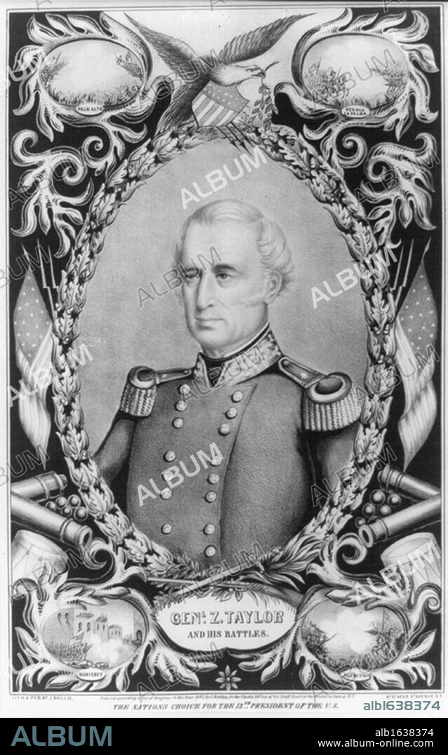Zachary Taylor (1784-1850) American soldier and 12th President of the United States 1849-1850.  Lithograph of General Taylor surrounded by vignettes of his battles.