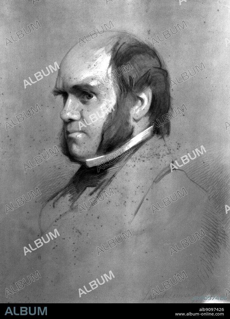 Charles Darwin in 1853. Chalk drawing by Samuel lawrence (1817-1884). From Darwin and the Beagle by Alan Moorhead, page 246. Charles Robert Darwin (1809 -1896) was a British naturalist who achieved lasting fame as the originator of the theory of evolution through natural selection. Darwin's five-year voyage on the Beagle brought him eminence as a geologist and fame as a popular author. His biological observations led him to study the transmutation of species and develop his theory of natural selection in 1838. His 1859 book, "The Origin of Species by Means of Natural Selection," or "The Preservation of Favoured Races in the Struggle for Life," established evolution by common descent as the dominant scientific theory of diversification in nature.
