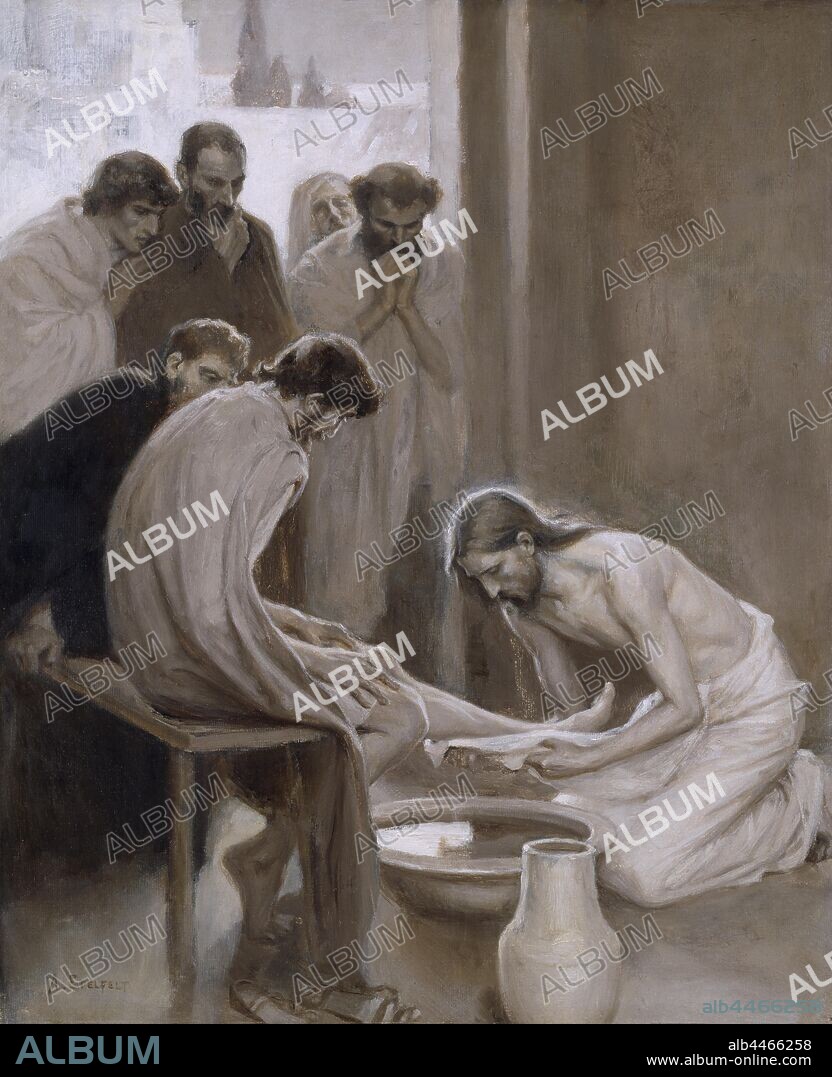 Albert Edelfelt, Jesus Washing the Feet of His Disciples, Jesus, disciples' feet, painting, religious art, 1898, Oil on cardboard, Grisaille, Height, 58 cm (22.8 inches), Width, 47 cm (18.5 inches), Signatur, A EDELFELT (1898).