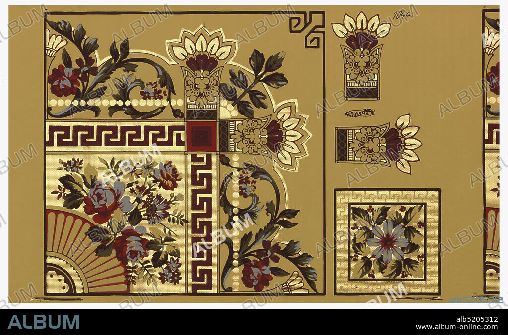 Ceiling border, Block-printed paper, embossed, Wallpaper roll. One quarter of a medallion, containing a fan shape radiating out from corner, a large floral bouquet and a Greek key motif., USA, 18751906, Wallcoverings, Ceiling border.