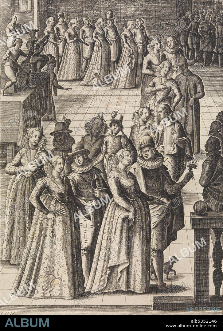 GIACOMO FRANCO. Le feste o balli, che la Serenissima Repubblica suol fare di Gentildonne, de richissime gioie adornate, per honorar i Principi che a Venegia talor capitano, ca. 1610. [Parties and dances held by the most Serene Republic, of gentlewomen, adorned with splendid jewels, to honour the Princes who visit Venice]. From Habiti d'huomeni et donne Venetiane, [The Customs of Venetian men and women].