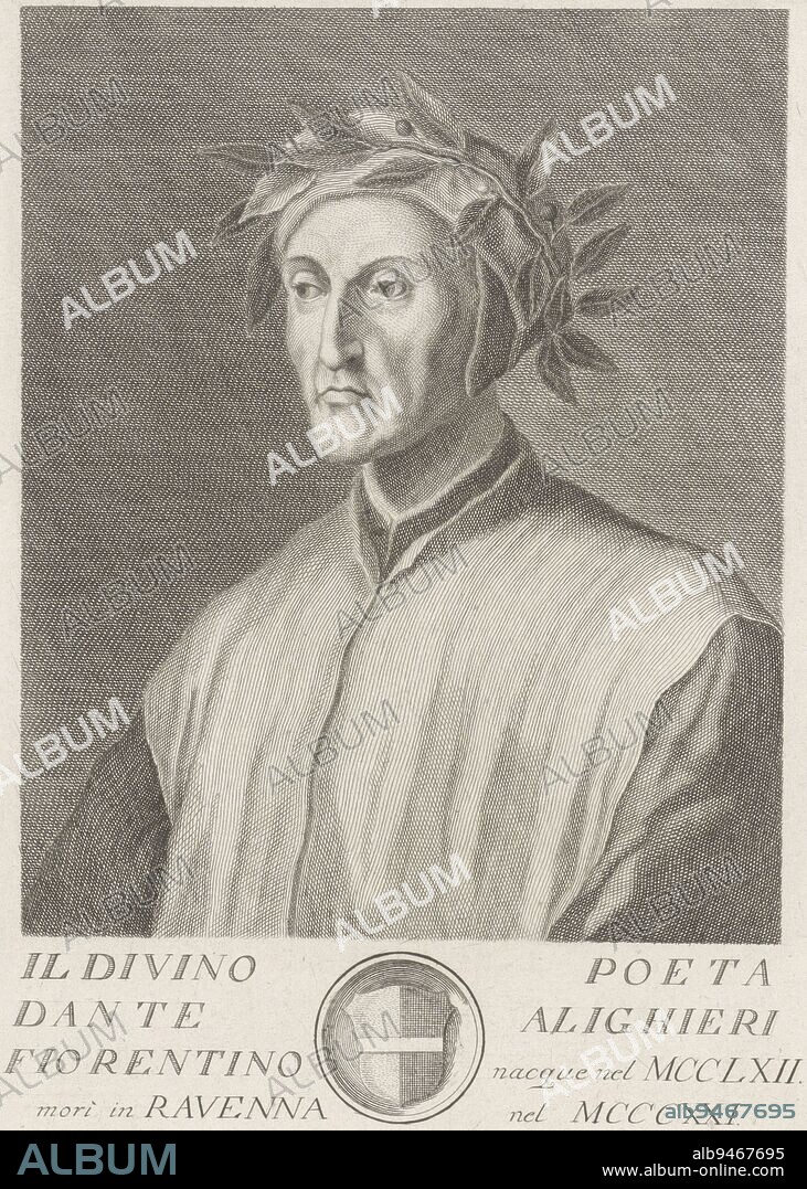 Portrait of poet Dante Alighieri in the half life, with a laurel wreath on his head Below the portrait a text in Italian and a coat of arms in a circular frame, Portrait of Dante Alighieri Portraits of famous Italians with coat of arms in lower margin , print maker: Francesco Allegrini, (mentioned on object), intermediary draughtsman: Giuseppe Zocchi, (mentioned on object), Giovanni Francesco Malaspina, (mentioned on object), Italy, 1761, paper, engraving, h 291 mm × w 185 mm.