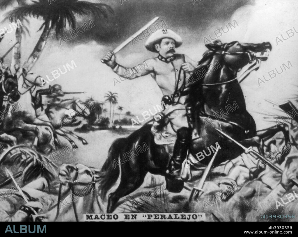 Battle of Peralejo. The forces of Antonio Maceo and  the Chief of the Spanish army Martinez Campos fought on the 13th July 1895,  the Spanish Brigadier, Santocildes, perished in the battle. He was at the  forefront of Cuban forces. Cigar card from the History of Cuba, Geografico Universal, Propaganda de los Cigarros Susini y La Corona, Tabacalera Cubana.