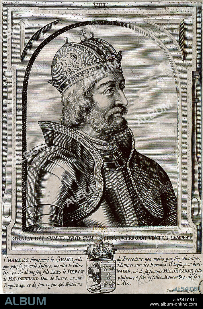 Charlemagne (742-814 AD) was King of the Franks (68-814) and the first Holy Roman Emperor (800-14). He conquered Italy and was crowned Imperator Augustus by Pope Leo III in Rome. His rule is also associated with the Carolingian Renaissance, a revival of art, religion, and culture through the medium of the Catholic Church. Through his foreign conquests and internal reforms, Charlemagne helped define both Western Europe and the European Middle Ages. Charlemagne had 18 children over the course of his life with 8 of his 10 known wives or concubines. In 1814 he fell ill with pleurisy and died at the age of 72. No artist credited, undated (cropped and cleaned).