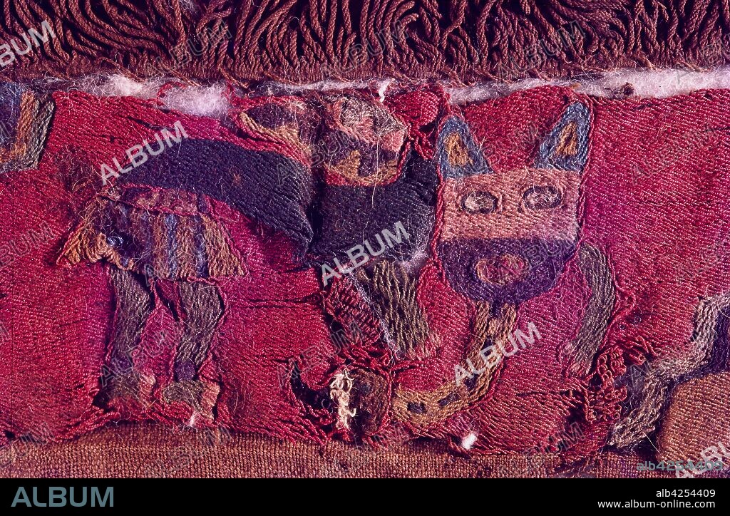 Paracas textile, cloth, depicting  zoomorphic condor. The Paracas culture was an Andean society existing between approximately 800 BCE and 100 BCE. Investigated by Peruvian archaeologist, Julio Tello, in the 1920s.