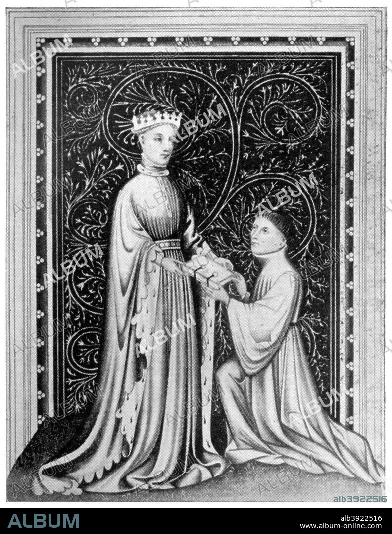 Occleve the poet and King Henry V, c1410, (1910). Thomas Hoccleve or Occleve (1368-1450) here presents his book of poems to Henry, Prince of Wales, (later Henry V). The prince is clad in a houppelande (voluminous robe) of the old style, with dagged and fur-lined sleeves. Illustration from British Costume during 19 Centuries by Mrs Charles H Ashdown, (London, 1910).