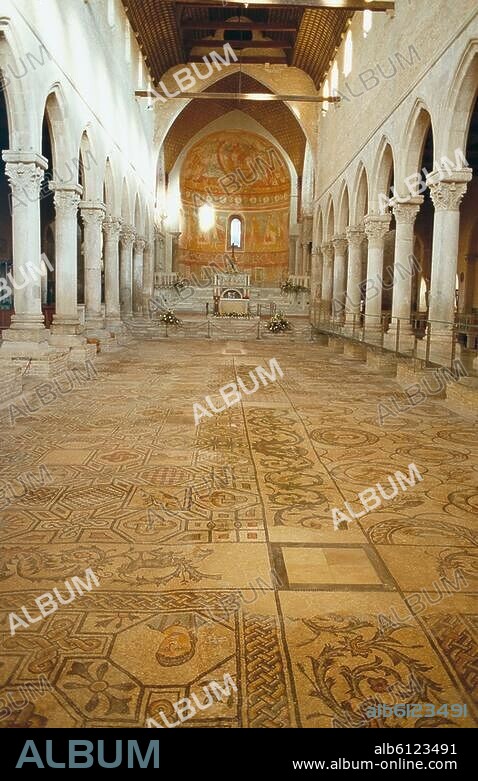 Italy, Aquileia, Basilica di Santa Maria Assunta, Romanesque cathedral, 11th century, Constantinian basilica with mosaic floor. Interior view. Photo, undated.