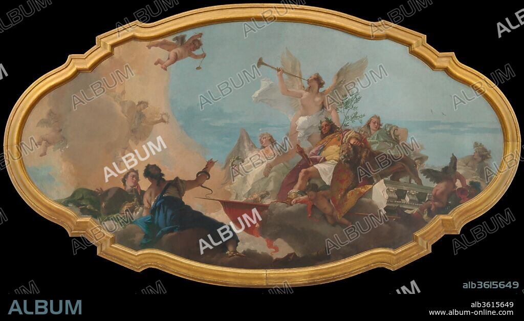 The Glorification of the Barbaro Family. Artist: Giovanni Battista Tiepolo (Italian, Venice 1696-1770 Madrid). Dimensions: Irregular oval, 96 x 183 3/4 in. (243.8 x 466.7 cm). Date: ca. 1750.
This remarkable canvas was painted to decorate the ceiling in one of the rooms of the Palazzo Barbaro, on the Grand Canal, in Venice. The Barbaro were among the most illustrious Venetian families and it is to them that the main figure of Valor accompanied by a lion alludes. Behind Valor is Fame blowing the trumpet and holding an olive branch, while behind the lion is Abundance with a cornucopia. At the lower left are Prudence, with a snake, and Nobility, holding a statuette of Minerva.