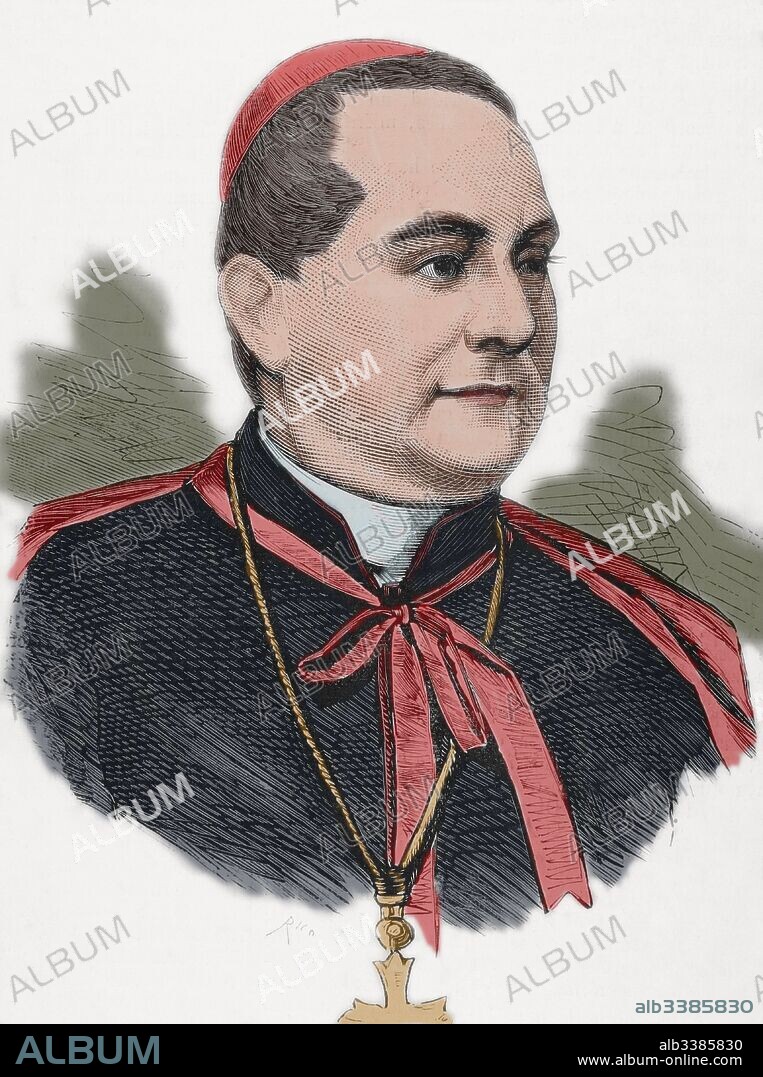 Alessandro Franchi (1819-1878). Italian cardinal and archbishop. Portrait. Engraving by Rico. "La Ilustracion Espanola y Americana", 1878. Colored.