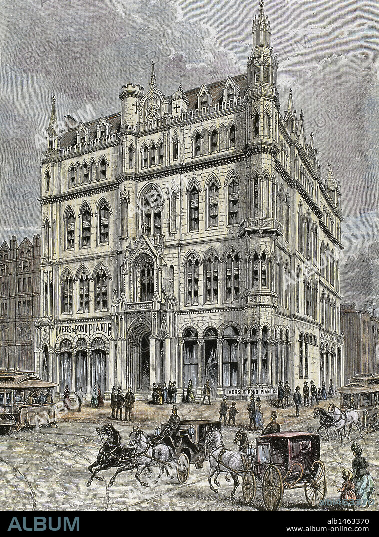 Masonic temple opened in 1867, at the intersection of Tremont Street and Boyleston Street. Outside view. Boston. 1895. Massachusetts. United States.