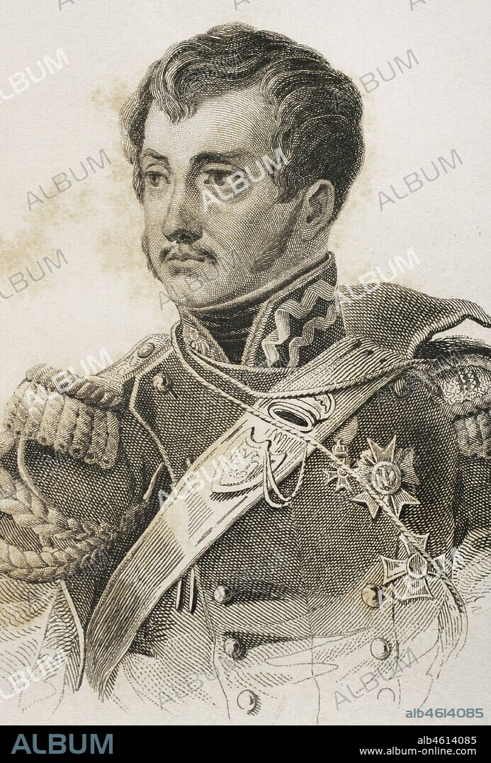 Józef Antoni Poniatowski (1763-1813). Aristócrata y militar polaco, uno de los mariscales imperiales de Napoleón Bonaparte. Retrato. Grabado por Lemaitre, Vernier y Goulu. Historia de Polonia, por Charles Foster. Panorama Universal, edición española de 1840.