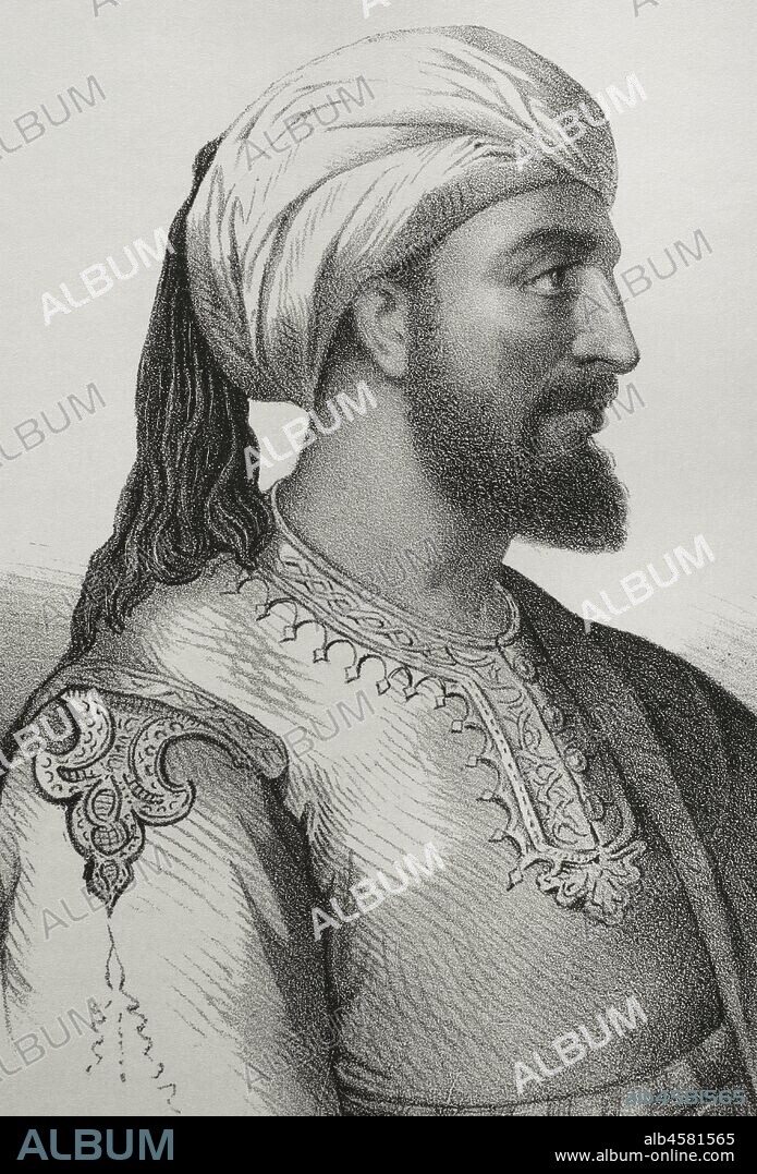 Abderramán I (731-788). Emir musulmán de Al-Andalus (756-787). Emir de Códoba. Dinastía Umawi. Dibujo por Llanta. Detalle. Litografía. Crónica General de España, Historia Ilustrada y Descriptiva de sus Provincias. Castilla-La Vieja,1870. Biblioteca Histórico Militar de Barcelona, Cataluña, España.