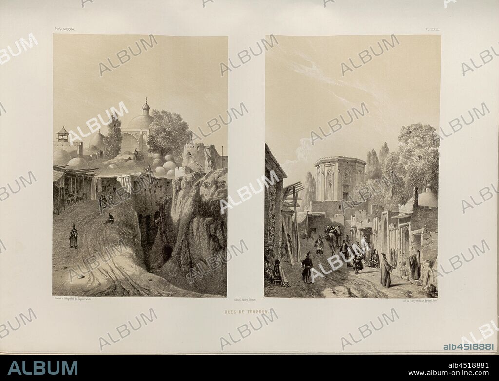 Streets of Tehran, Tehran (Iran), Signed: Dessiné & Lithographié par Eugène Flandin; Gide et Baudry., editeurs, Lith. De Thierry frères, Pl. XXXIII, Flandin, Eugène (dess. et lith.); Thierry frères (imp.); Gide et Cie. (ed.), 1851, Eugène Flandin; Pascal Xavier Coste: Voyage en Perse pendant les années 1840 et 1841. Paris: Gide et Jule Baudry, MDCCCLI.
