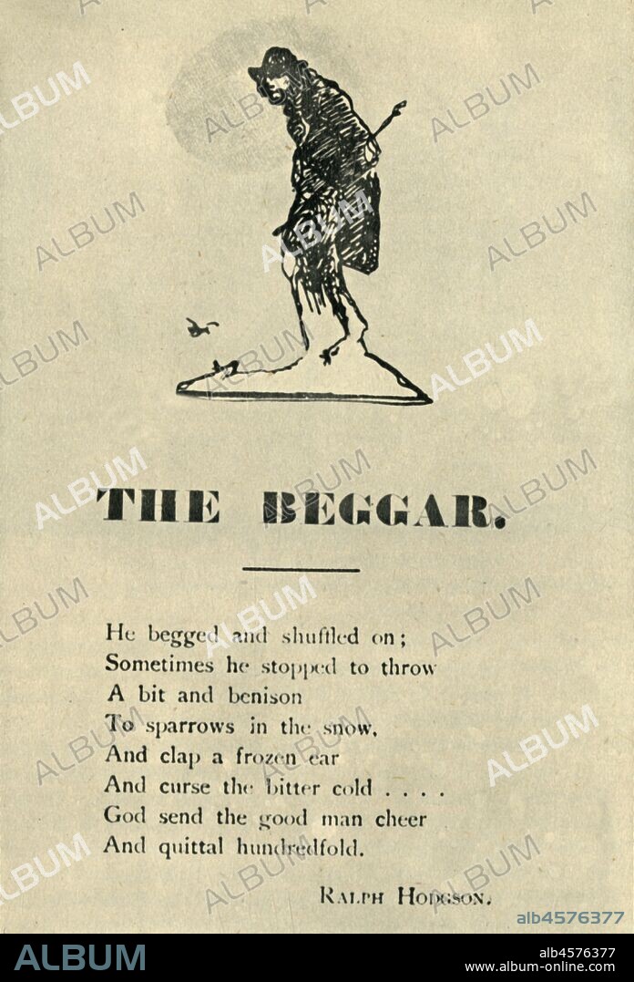 'The Beggar', 1913, (1946). 'A Second Revival of the "Chap-Book" Style': illustration by C. Lovat Fraser to a poem, from "Poems" by Ralph Hodgson. Published in "English Printed Books", by Francis Meynell. [Collins, London, 1946].
