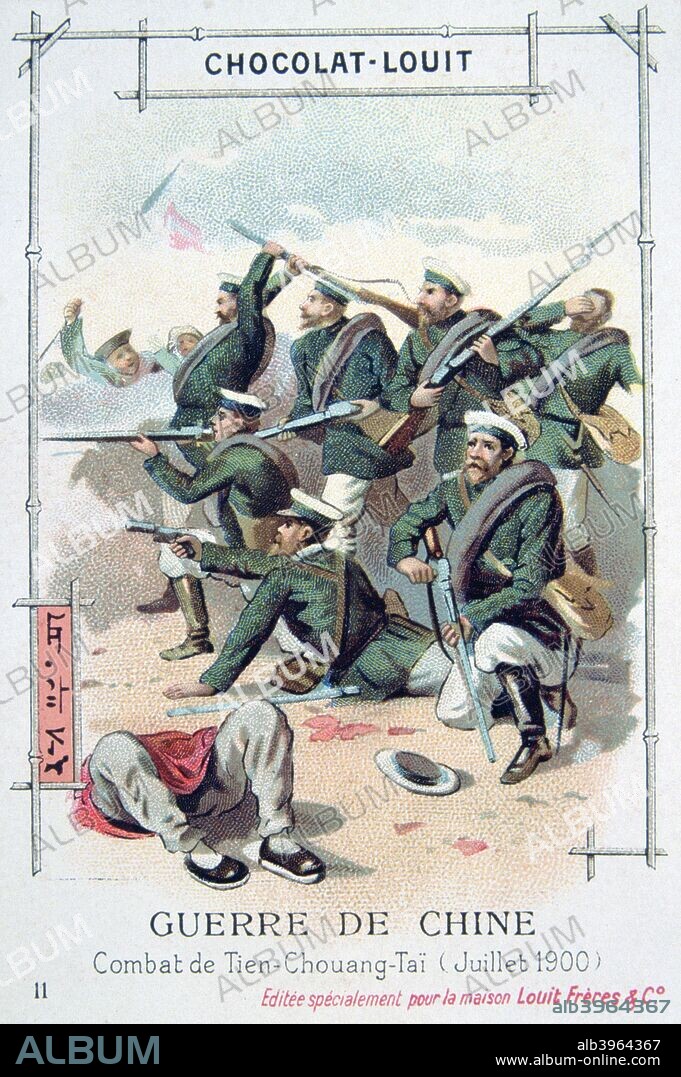 Battle at Tien-Chuang-Tai, China, Boxer Rebellion, July 1900. The Boxer Uprising or Boxer Rebellion was a Chinese rebellion from November 1899 to September 7, 1901 against foreign influence in areas such as trade, politics, religion and technology that occurred in China during the final years of the Qing Dynasty. The assassination of the German ambassador and the siege of foreign diplomatic legations in Peking prompted Britain, France, Germany, the US, Russia, Japan, Italy and Austria-Hungary to form the Eight Nation Alliance and intervene militarily. French trading card advertising Chocolat-Louit.