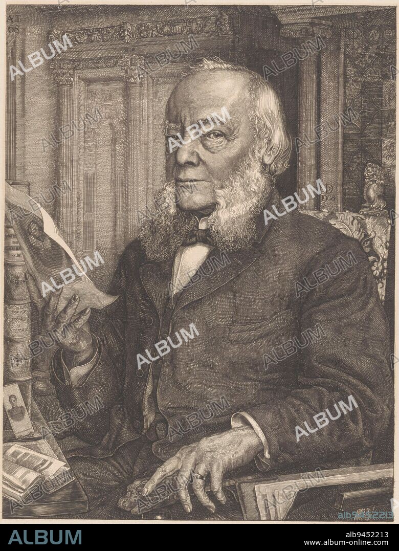Portrait of Dirk Christiaan Meijer, Pieter Dupont, 1908 - 1909, Portrait of the antiquities, wine merchant and antiques collector Dirk Christiaan Meijer. In this third state of the print, the interior in which Meijer is seated is complete. Meijer is sitting in a chair with a print in his right hand. Next to him a folder of prints in a stand. On the table in front of him books and a picture in a frame. In the background a cabinet and a fireplace., print maker: Pieter Dupont, (mentioned on object), Amsterdam, 1908 - 1909, paper, engraving, h 314 mm × w 234 mm.