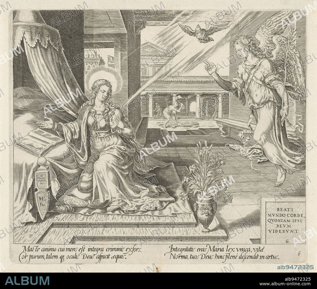 The angel Gabriel announces to Mary that she will become pregnant. Mary is kneeling by a bed, on which lies an open book. The Holy Spirit descends like a dove. In the background, Joseph is chopping wood. Print is part of a series on the eight beatitudes of Christ and illustrates the beatitude: Blessed are those who are pure in heart. In the lower right corner this text from Mat 5:8 in Latin. At the bottom, in the margin, a verse in Latin about the Beatitude and the representation, Annunciation Blessed are those who are pure in heart The eight Beatitudes , print maker: Harmen Jansz Muller, (mentioned on object), Maarten van Heemskerck, (mentioned on object), Hadrianus Junius, print maker: Amsterdam, publisher: Antwerp, 1564 - 1568, paper, engraving, h 213 mm × w 249 mm.