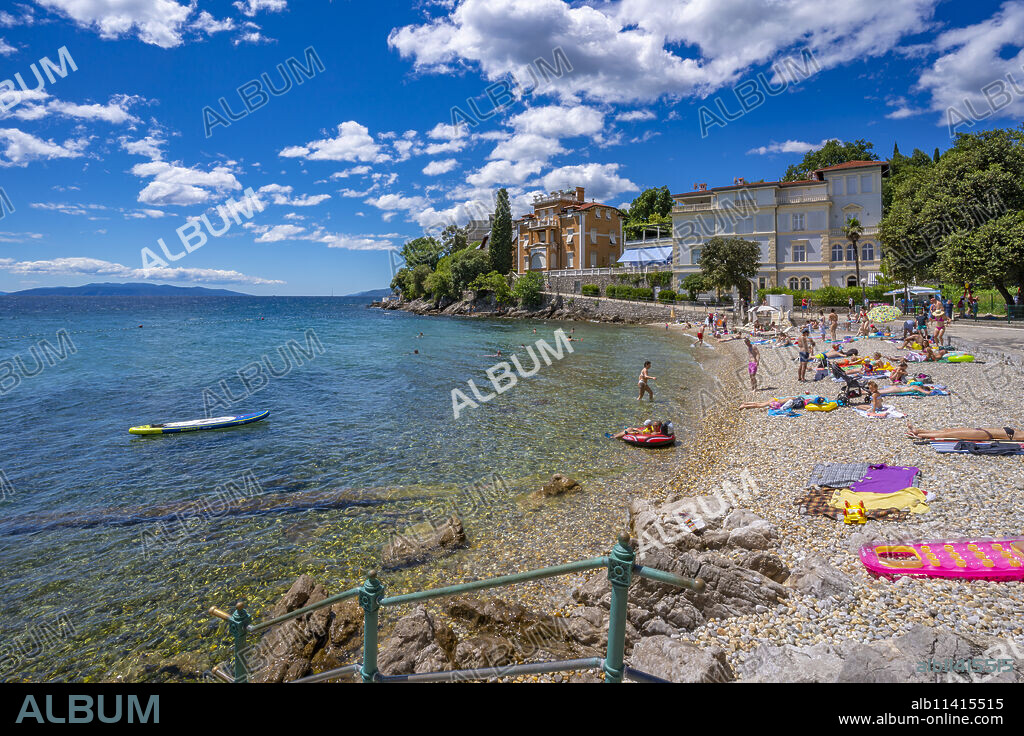 View of hotel and Adriatic Sea near Opatija, Kvarner Bay, Eastern Istria, Croatia, Europe.