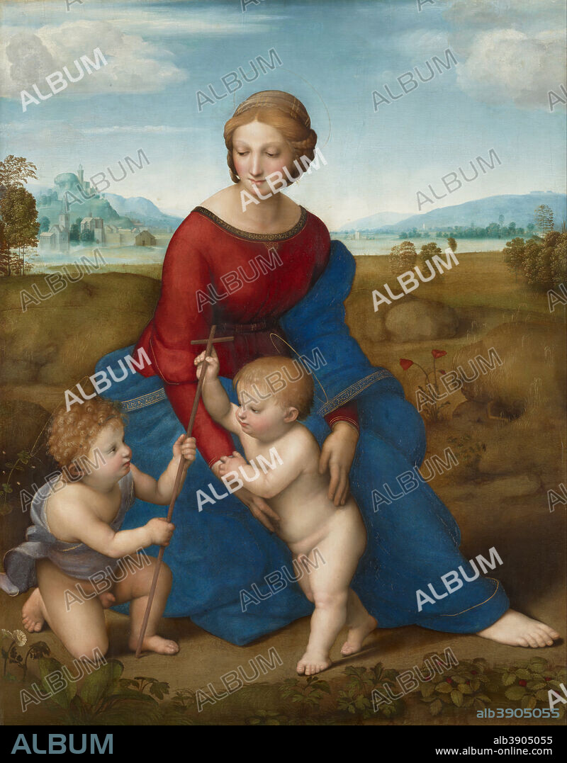 RAPHAEL. Madonna in the Meadow. Date/Period: 1505 - 1506. Painting. Oil on wood. Height: 1,130 mm (44.48 in); Width: 885 mm (34.84 in).