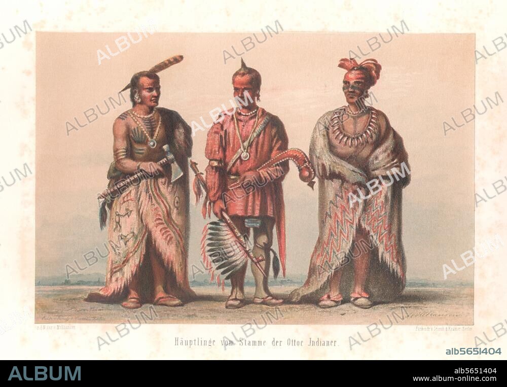 BALDUIN MOELLHAUSEN. Ethnology / America. "Chiefs of the Ottoe Indian Tribe". Oil colour print, 1858, after Balduin Möllhausen (1825-1905). From: B.Möllhausen, Tagebuch einer Reise vom Mississippi nach den Küsten der Südsee, Leipzig. (H.Mendelssohn), 1858. Berlin, Sammlung Archiv für Kunst und Geschichte.