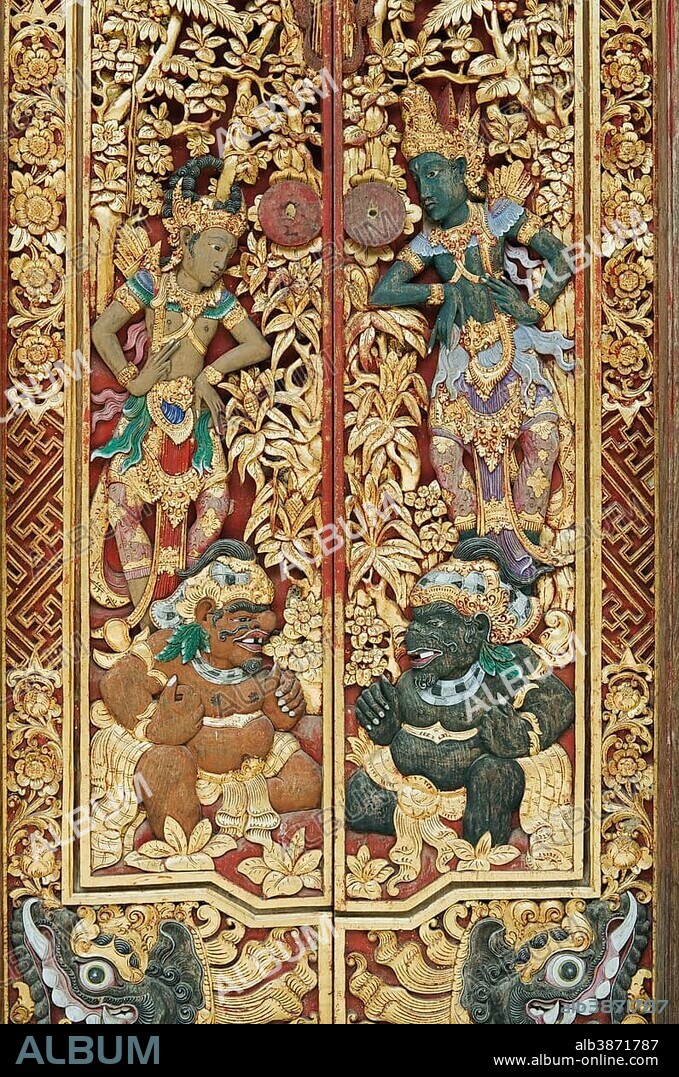 Wooden door decorated with carvings, Neka Art Museum, Ubud, Bali, Indonesia