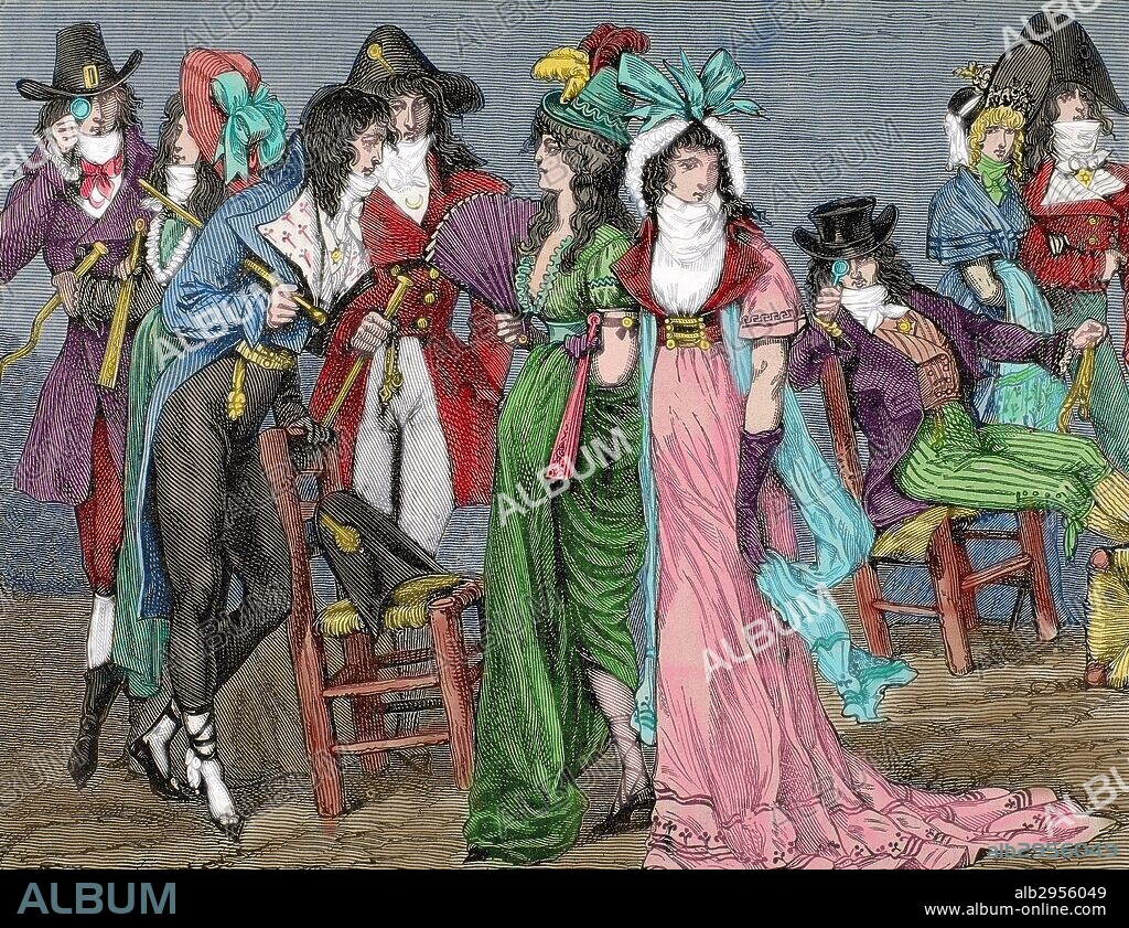 French history. First Empire (1804-1820). Dressed as bourgeois fashion empire style. Engraving. 19th century. Colored.