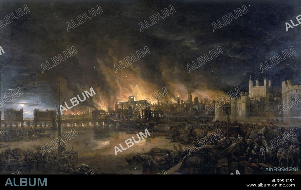 'The Great Fire of London, 1666', (c1666).  Scene depicting the fire as it would have appeared between eight and nine o'clock on the evening of Tuesday 4th September from a boat in the vicinity of Tower Wharf. In the centre St Paul's Cathedral is engulfed in flames. On the left the full moon rises over London Bridge, with the Tower of London on the right. In the foreground huddle the frightened and homeless people of London. Over 13,000 houses were destroyed, but there were only a handful of deaths. 87 churches were burned along with St Paul's. The wharf in front of the Tower did not in fact exist and may be attributed to artistic licence, but the general mood and details such as the sparks rising in the night sky suggest the artist was an eye-witness.