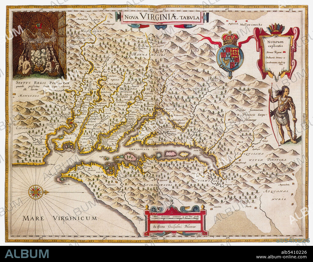 The Colony of Virginia, chartered in 1606 and settled in 1607, was the first enduring English colony in North America. The founder of the new colony was the Virginia Company with the first settlement in Jamestown on the north bank of the James River. Jamestown occupied land belonging to the Powhatan Confederacy. Joan Blaeu (1596-1673) was a Dutch cartographer, the son of cartographer Willem Blaeu. In 1635 they published the Atlas Novus (full title: Theatrum orbis terrarum, sive, Atlas novus) in two volumes. The Atlas Maior is the final version of Joan Blaeu's atlas, published in Amsterdam between 1662 and 1672, in Latin, French, Dutch, German and Spanish, containing 594 maps and around 3,000 pages of text. The Blaeu maps emphasized fine art and colours, being the most expensive of the time. The Atlas Maior is widely considered a masterpiece of the Golden Age of Dutch/Netherlandish cartography.