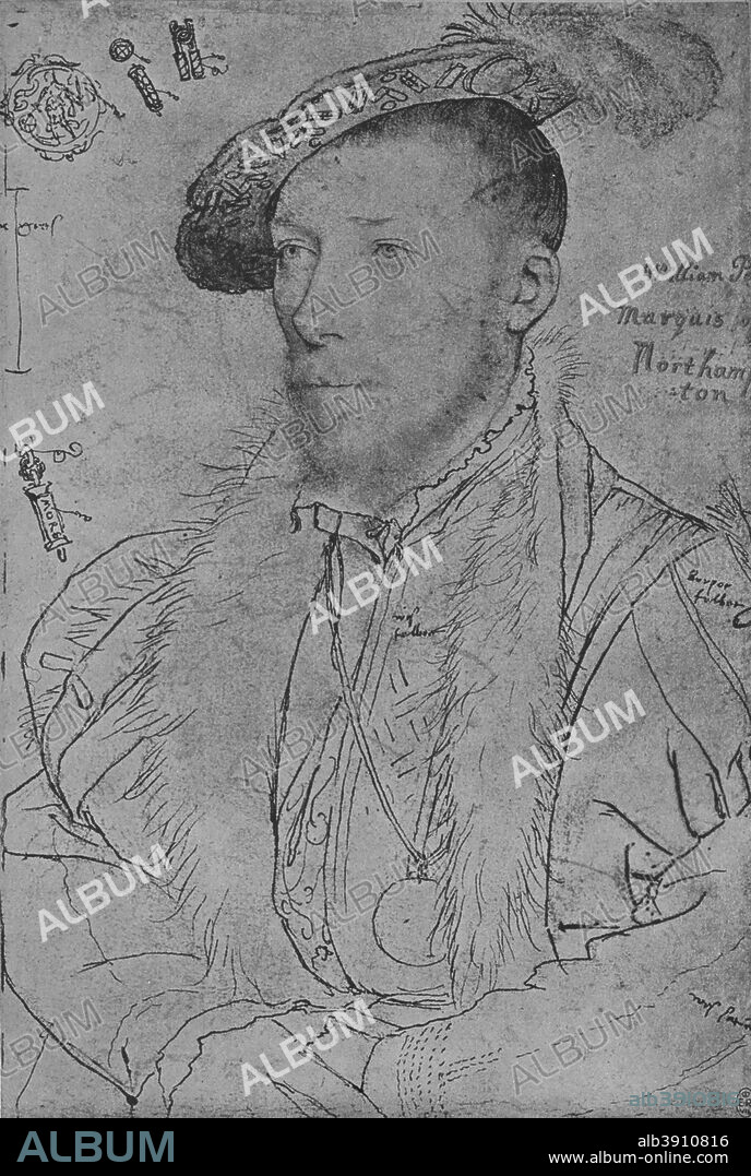 'William Parr, Marquess of Northampton', c1538-1542 (1945). William Parr, 1st Marquess of Northampton, 1st Earl of Essex and 1st Baron Parr, KG (1513- 1571) was brother of the Queen consort, Catherine Parr, the sixth and final wife of Henry VIII, and Anne Parr. The drawing is part of the Royal Collection Trust, Windsor Castle. From The Drawings of Holbein at Windsor Castle by K. T. Parker. [The Phaidon Press Ltd, Oxford & London, 1945].