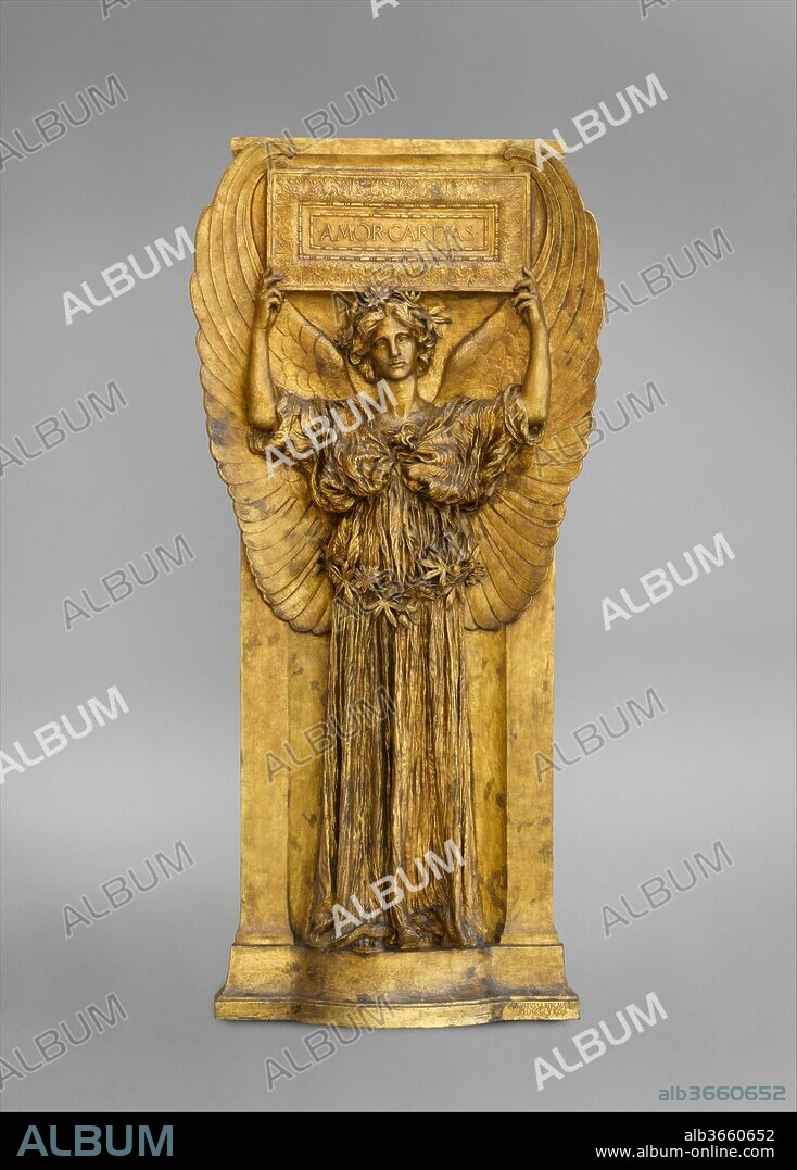 Amor Caritas. Artist: Augustus Saint-Gaudens (American, Dublin 1848-1907 Cornish, New Hampshire). Dimensions: 103 1/4 x 50 in. (262.3 x 127 cm). Date: 1880-98, cast 1918.
"Amor Caritas" represents the perfection of Saint-Gaudens's vision of the ethereal female, a subject that he modeled repeatedly, beginning in 1880. The elegant figure in a frontal pose with free-flowing draperies and downcast eyes also appears in the caryatids for the Vanderbilt mantelpiece (25.234) and in several funerary works. Here, Saint-Gaudens made subtle changes in the drapery and added upward-curving wings, a tablet, and a belt and crown of passionflowers. He considered several titles with universal themes, including To Know Is to Forgive, Peace on Earth, God Is Love, and Good Will towards Men, before settling on Amor Caritas [Love (and) Charity].
