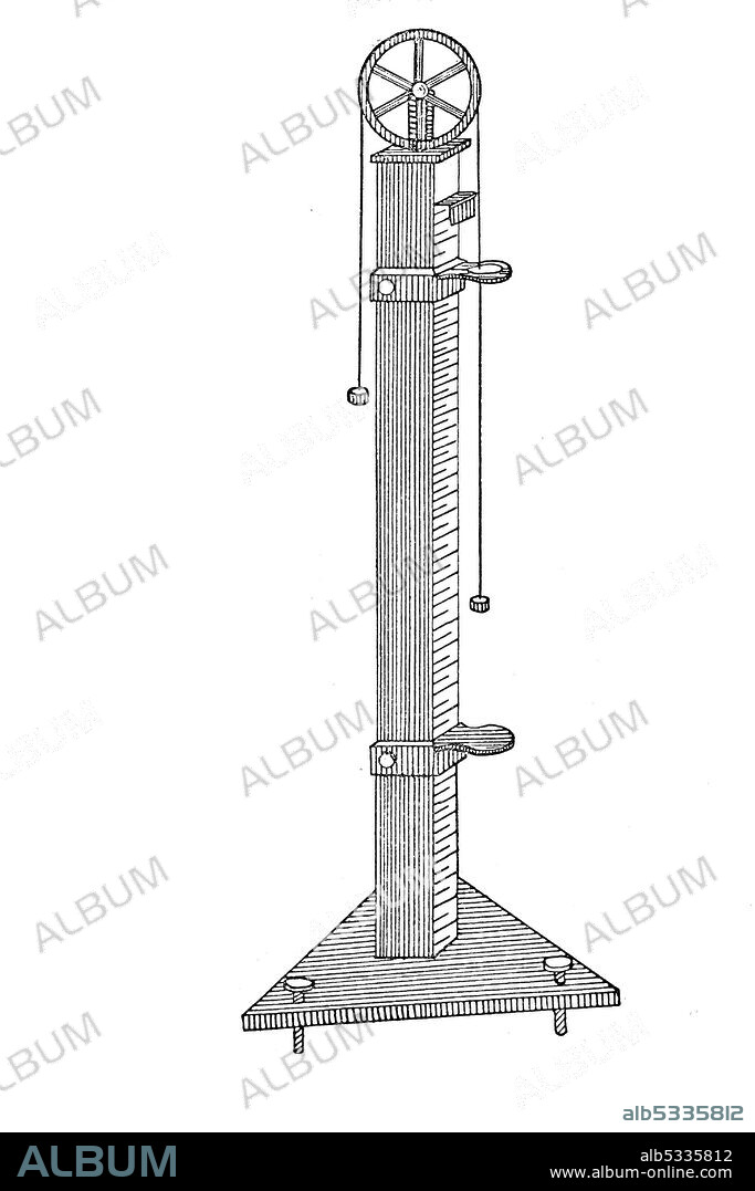 The Atwood machine, or Atwood's machine, was invented in 1784 by the English mathematician George Atwood as a laboratory experiment to verify the mechanical laws of motion with constant acceleration  /  Die atwoodsche Fallmaschine wurde 1784 von George Atwood entwickelt. Sie wurde als Nachweis für die Gesetze der gleichmäßig beschleunigten Bewegung konzipiert, Historisch, historical, digital improved reproduction of an original from the 19th century / digitale Reproduktion einer Originalvorlage aus dem 19. Jahrhundert.