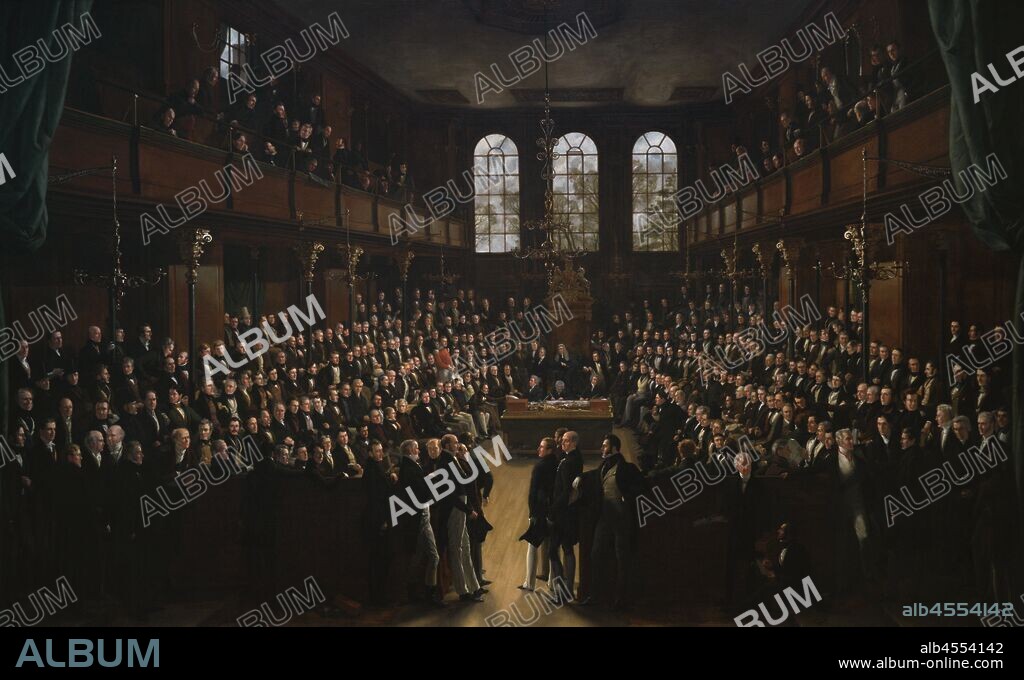 The Reformed House of Commons,1833. Painting by Sir George Hayter (1792-1871). Oil on canvas, signed and dated 1833-1843. This painting commemorates the passing of the Great Reform Act in 1832, depicting the first session of the new House of Commons on February 5, 1833 held in St Stephen's Chapel which was destroyed by fire in 1834. National Portrait Gallery. London, England, United Kingdom.