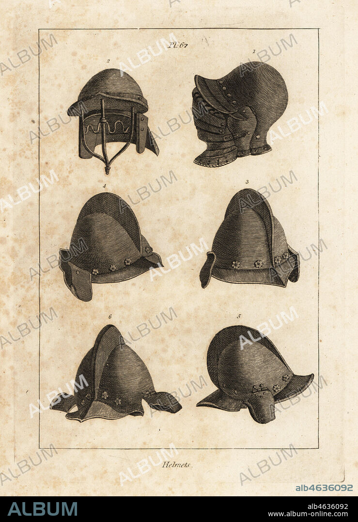 Helmet with down-opening bever in the Tower of London 1, double-barred helmet 2, and salet with oreillets or earpieces 3-6. Copperplate engraving from Francis Grose's Military Antiquities respecting a History of the English Army, Stockdale, London, 1812.