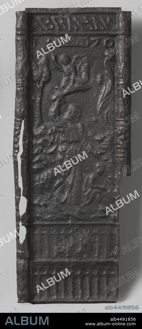 Heater plate with the sacrifice of Isaac, Heater plate of cast iron, divided into two zones. In the upper zone is an image of Abraham with a raised sword, ready to kill the kneeling Isaac in the lower right corner. The sword is stopped by a putto. Above it the year 1570 with a cartouche in between with a partially illegible inscription and the numbers 22, a reference to the Bible book from which this representation is derived (Genesis 22). At the very top of the text in italics, the inscription ABRAHAM. In the lower zone a grid of horizontal lines. The whole is closed on the sides with decorated pillars, the sacrifice of Isaac (Genesis 22), anonymous, Germany, in or after 1570 - c. 1575, iron (metal), founding, h 97.0 cm × w 38.0 cm × w 41 kg.