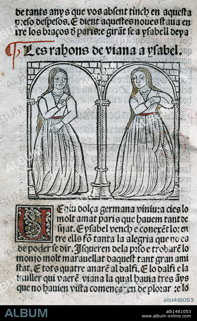 LITERATURA CATALANA. Siglo XV "PARIS E VIANA". Folio del incunable catalán, con el grabado de "Viana e Isabel". Este texto parece traducido del francés o del italiano, aunque es de suponer que la novela fué originalmente escrita en catalán. Edición impresa en Barcelona en 1494 por Diego Gumiel. Biblioteca de Cataluña. Barcelona. Cataluña.