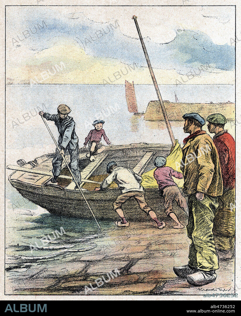 Dans les vieux canots il embarque. Illustration de Achille GRANCHI-TAYLOR (1857-1921) pour Jean Gouin marin breton de Theodore BOTREL (1868-1925) repris dans Contes d'Hier et d'Aujourd'hui. Credit : Collection Jonas/Kharbine-Tapabor.