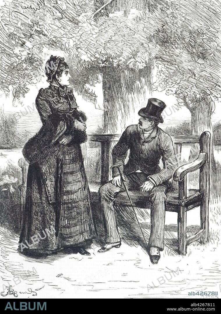 Illustration depicting a man sat on a wooden bench. Illustrated by Fred Barnard (1846-1896) a Victorian English illustrator, caricaturist and genre painter. Dated 19th century.