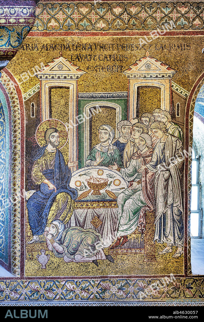 Monreale, Duomo: "Mary Magdalene anoints Jesus' feet with ointments, washes them with her tears and dries them with her hair", Byzantine mosaic, Episodes from the life of Christ, XII - XIII centuries. Latin inscription:"MARIA MAGDALENA UNGIT PEDES IESUS LACRIMIS LAVAT ET CAPILLIS EXTERGIT" .