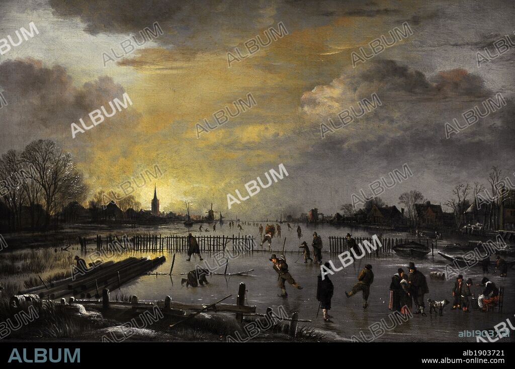 ARTE BARROCO. HOLANDA. AERT VAN DER NEER (también Aernout o Artus), (1603-1677). Pintor paisajista de la Edad de oro neerlandesa. "PAISAJE DE INVIERNO CON PATINADORES DE HIELO EN EL OCASO", 1655-1660. Gemäldegalerie o Pinacoteca de Berlín. Kulturforum. Museos Nacionales de Berlín (Staatiche Museum). Alemania. Europa.