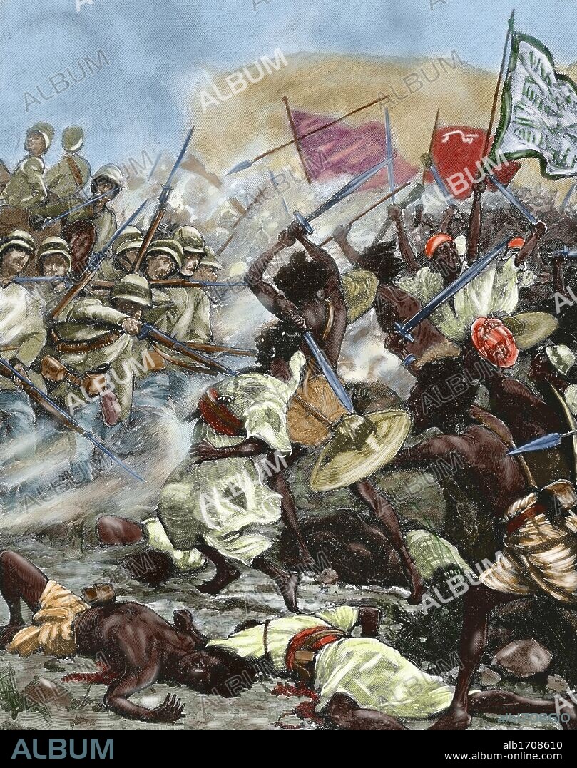 COLONIALISMO. AFRICA. Tropas angloegipcias luchando contra el ejército del Sudán (1896-1898). Dibujo de W. B. Wollen ("La Ilustración Ibérica", año 1898). Grabado coloreado.