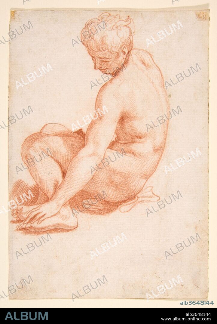 Seated Male Nude. Artist: Francesco Salviati (Francesco de' Rossi) (Italian, Florence 1510-1563 Rome). Dimensions: 6-5/16 x 4-3/8 in.  (16 x 11.1 cm). Date: 1510-63.